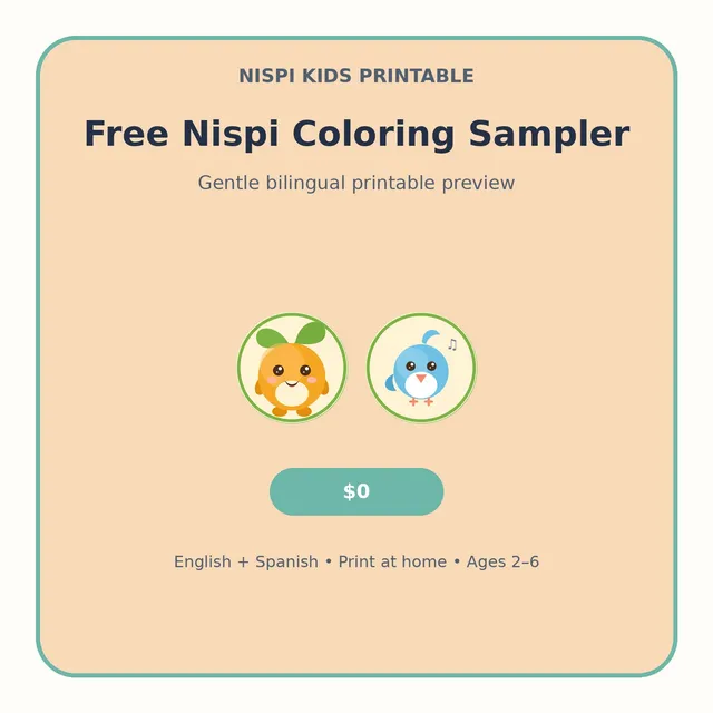 Cover of the free Nispi Coloring Sampler PDF showing Nispi characters