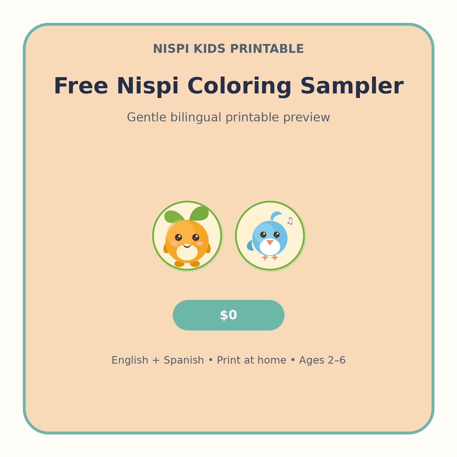 Cover of the free Nispi Coloring Sampler PDF showing Nispi characters